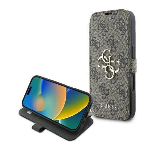 Guess 4G Metal Logo iPhone 16 Plus flip/oldalra nyíló tok, barna GUBKP16M4GMGBR