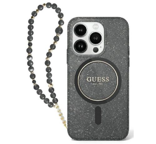 Guess IML Glitter iPhone 16 Pro MagSafe kemény hátlap tok karpánttal, fekete GUHMP16LHGCRELSK