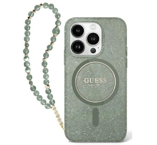 Guess IML Glitter iPhone 16 Plus MagSafe kemény hátlap tok karpánttal, zöld GUHMP16MHGCRELSA