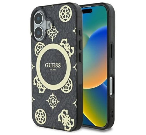 Guess IML Peony On 4G Background iPhone 16 MagSafe kemény hátlap tok, fekete GUHMP16SH4PYEEK