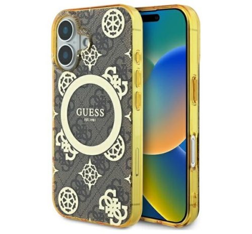 Guess IML Peony On 4G Background iPhone 16 MagSafe kemény hátlap tok, barna GUHMP16SH4PYEEW