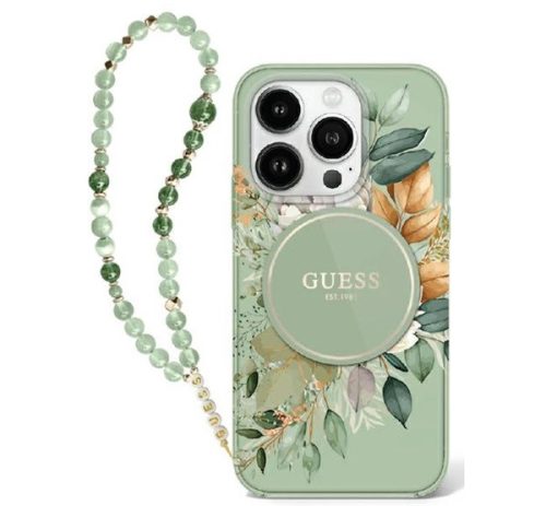 Guess IML Flowers iPhone 16 kemény hátlap tok karpánttal, zöld GUHMP16SHFWBRCESN