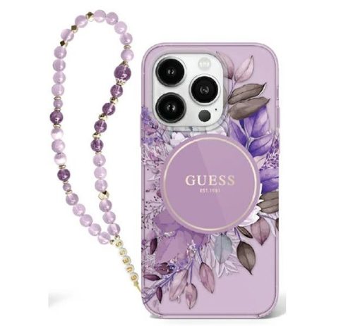 Guess IML Flowers iPhone 16 kemény hátlap tok karpánttal, lila GUHMP16SHFWBRCESU