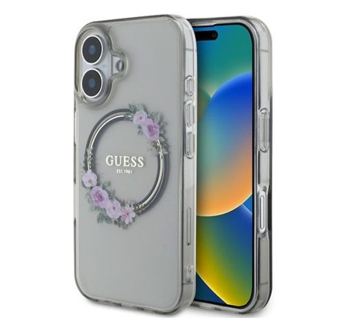 Guess IML Flowers Wreath iPhone 16 MagSafe kemény hátlap tok, fekete GUHMP16SHFWFCK