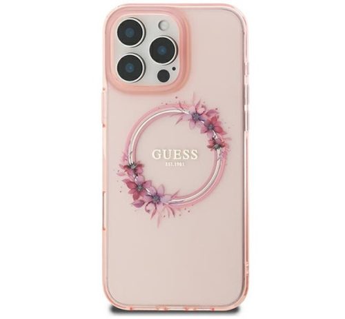 Guess IML Flowers Wreath iPhone 16 MagSafe kemény hátlap tok, rózsaszín GUHMP16SHFWFCP