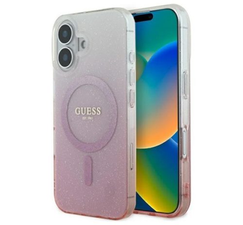 Guess IML Glitter Gradient iPhone 16 MagSafe kemény hátlap tok, rózsaszín GUHMP16SHGRCELP