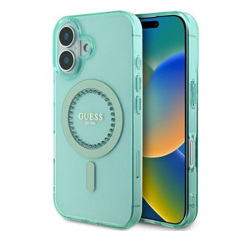 Guess IML Rhinestones MagSafe iPhone 16 kemény hátlap tok, zöld GUHMP16SPFTDTEN