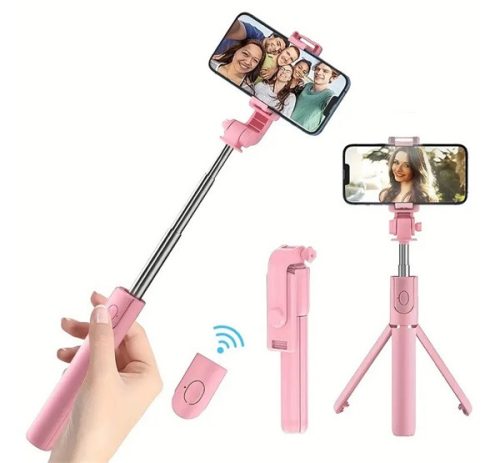 Prémium selfie bot, 19 - 70 cm, forgatható, exponáló gombbal, bluetooth-os, v4.0, tripod, R1, rózsaszín