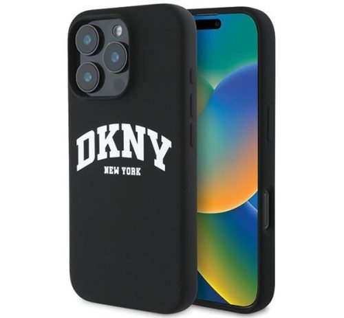 DKNY Silicone White Printed Logo iPhone 16 Pro MagSafe hátlap tok, fekete DKHMP16LSNYACH