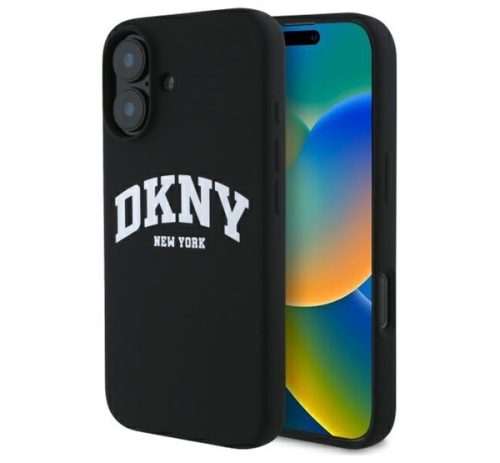 DKNY Silicone White Printed Logo iPhone 16  MagSafe hátlap tok, fekete DKHMP16SSNYACH