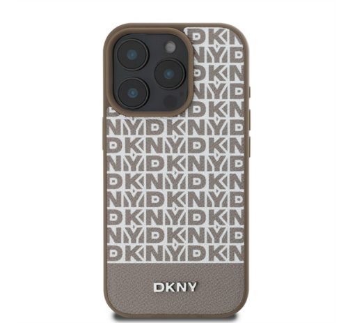 DKNY PU Leather Repeat Pattern Bottom Stripe iPhone 16 Pro MagSafe tok, barna