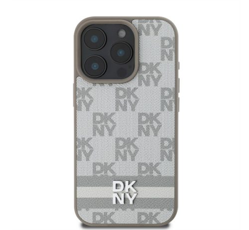 DKNY PU Leather Checkered Pattern and Stripe iPhone 16 Pro tok, bézs