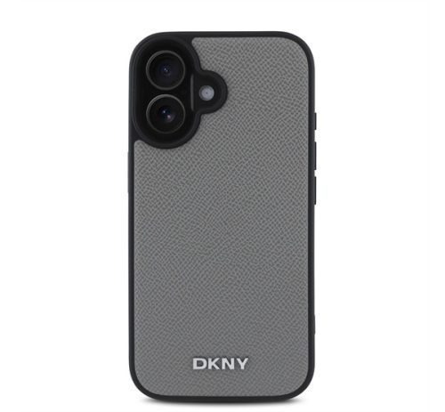 DKNY PU Leather Silver Metal Logo iPhone 16 MagSafe tok, szürke