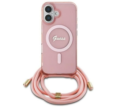 Guess Crossbody Cord Script iPhone 16 MagSafe hátlap tok karpánttal, rózsaszín GUHMP16SHCTSGNSP