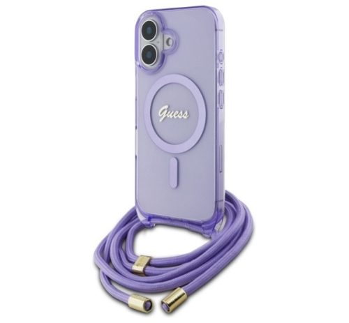 Guess Crossbody Cord Script iPhone 16 MagSafe hátlap tok karpánttal, lila GUHMP16SHCTSGNSU