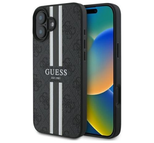 Guess 4G Printed Stripes iPhone 16 MagSafe hátlap tok, fekete GUHMP16SP4RPSK