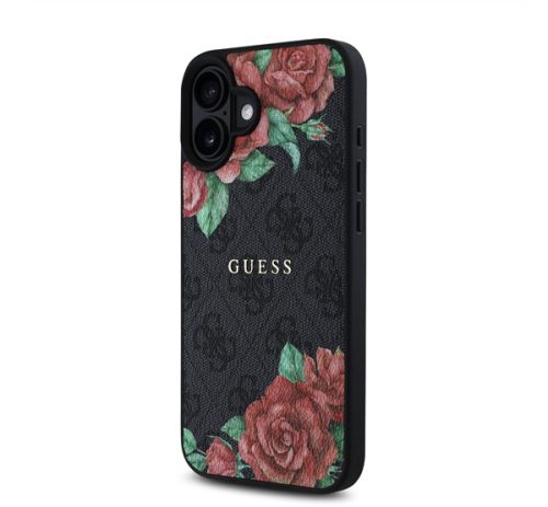 Guess PU Leather 4G Roses iPhone 16 MagSafe műbőr tok, fekete-rózsa