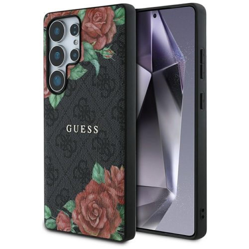 Guess Leather 4G Flowers Print Metal Classic Logo MagSafe Samsung Galaxy S25 Ultra kemény hátlap tok, fekete