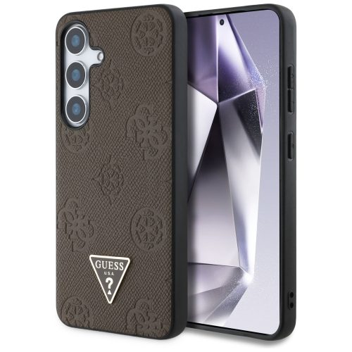 Guess Grained Hot Stamp Peony Pattern Triangle Logo Samsung Galaxy S25 MagSafe kemény hátlap tok, barna