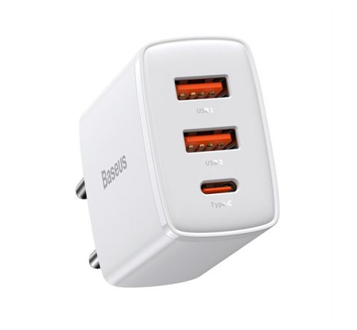 Baseus Compact gyorstöltő adapter 30W Type-C + 2XUSB, fehér