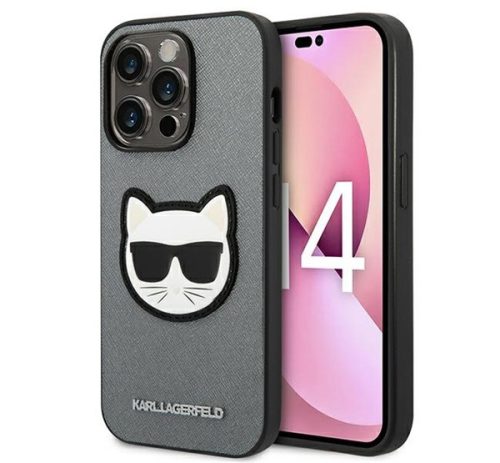 Karl Lagerfeld Saffiano Choupette Head Patch Apple iPhone 14 Pro hátlap tok, ezüst