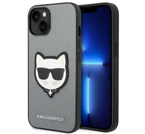 Karl Lagerfeld Saffiano Choupette Head Patch Apple iPhone 14 Plus hátlap tok, ezüst