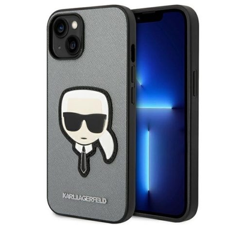 Karl Lagerfeld Saffiano Karl's Head Patch Apple iPhone 14 Plus hátlap tok, ezüst