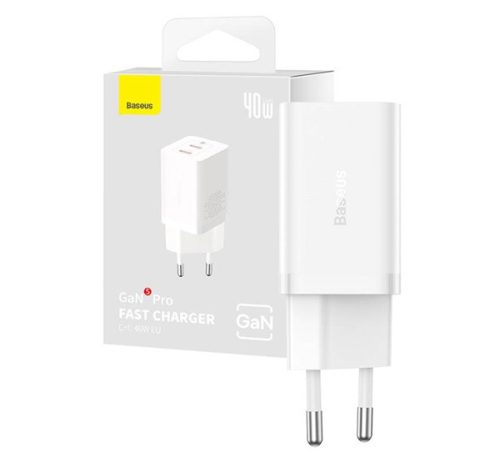 Baseus GaN5 hálózati töltő 2xType-C, 40W, fehér