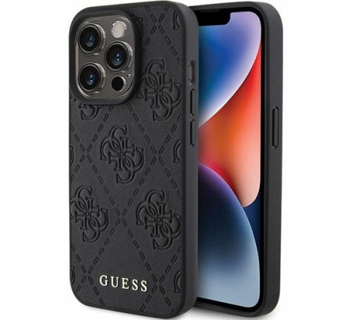 Guess Leather 4G Stamped Apple iPhone 15 Pro hátlap tok, fekete