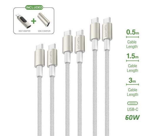 4smarts PremiumCord USB Type-C töltő- és adatkábel szett adapterrel, átalakítóval, 60W, fehér / ezüst