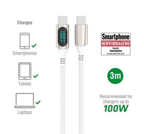 4smarts DigitCord USB / Type-C töltő- és adatkábel, 100W, 3m, fehér