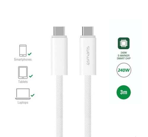 4smarts PremiumCord USB Type-C töltő- és adatkábel, 240W, 3m, fehér