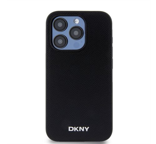 DKNY PU Leather Silver Metal Logo Apple iPhone 15 Pro Magsafe tok, fekete