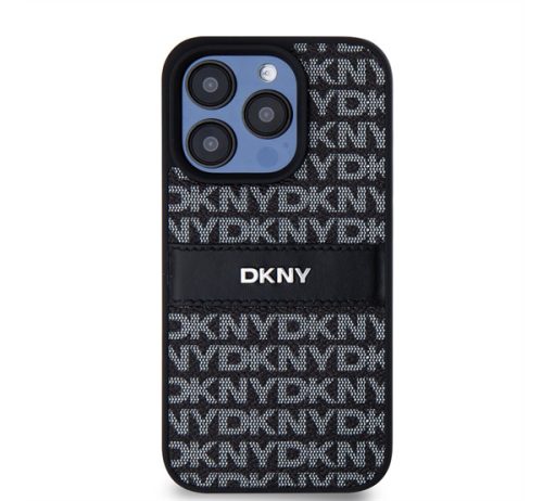 DKNY PU Leather Repeat Pattern Tonal Stripe iPhone 14 Pro hátlap tok, fekete