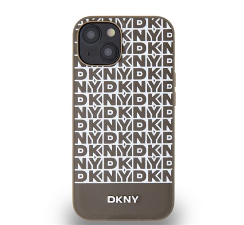 DKNY PU Leather Repeat Pattern Bottom Stripe Apple iPhone 14 Magsafe kompatibilis hátlap tok, barna