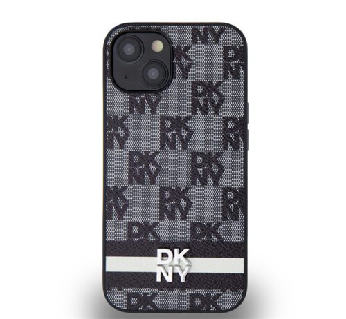 DKNY PU Leather Checkered Pattern and Stripe Apple iPhone 13 hátlap tok, fekete