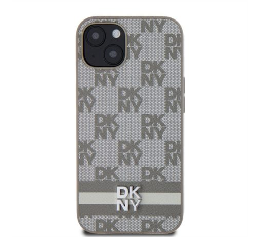 DKNY PU Leather Checkered Pattern and Stripe Apple iPhone 13 hátlap tok, bézs