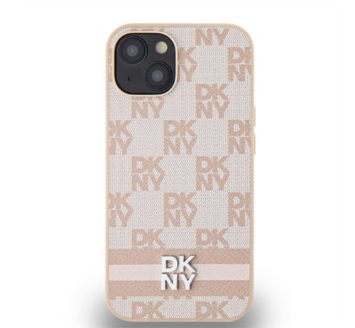 DKNY PU Leather Checkered Pattern and Stripe Apple iPhone 15 hátlap tok, rózsaszín