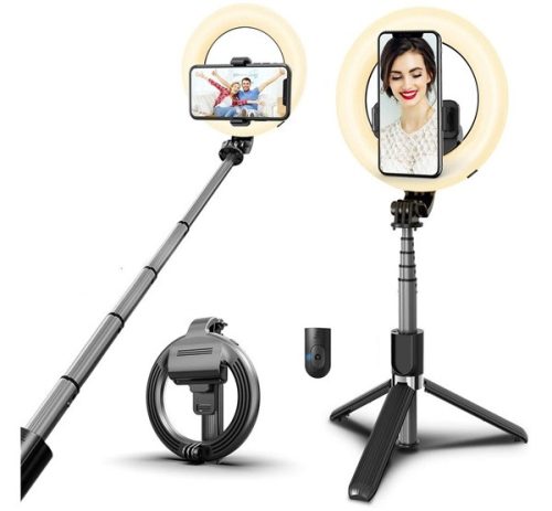 Selfie bot, 19 - 90 cm, 360°-ban forgatható, exponáló gombbal, bluetooth-os, tripod funkció, világítással, fekete