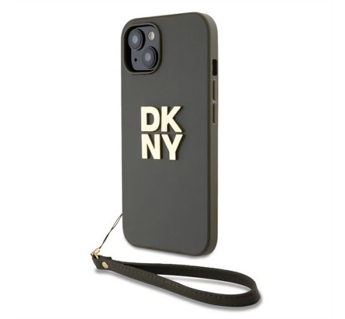 DKNY PU Leather Stack Logo Apple iPhone 13 hátlap tok csuklópánttal, barna