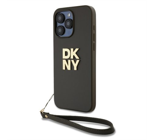 DKNY PU Leather Stack Logo Apple iPhone 15 Pro hátlap tok csuklópánttal, barna