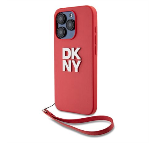 DKNY PU Leather Stack Logo Apple iPhone 15 Pro hátlap tok csuklópánttal, piros