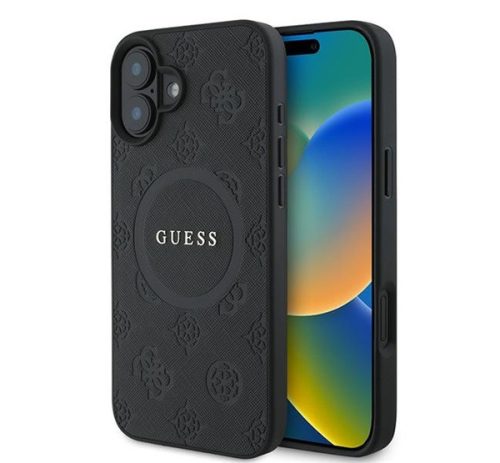 Guess Saffiano Peony Classic Logo Apple iPhone 16 Plus hátlap tok, fekete/barna GUHMP16MPSAPSMEK