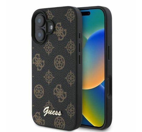 Guess Peony Script Apple iPhone 16 MagSafe kompatibilis hátlap tok, fekete/barna GUHMP16SPGPYSK